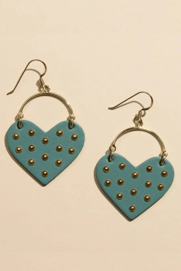Women's green heart statement earrings with gold-tone accents from Nickel & Suede at Cotton & Cashmere Boutique.