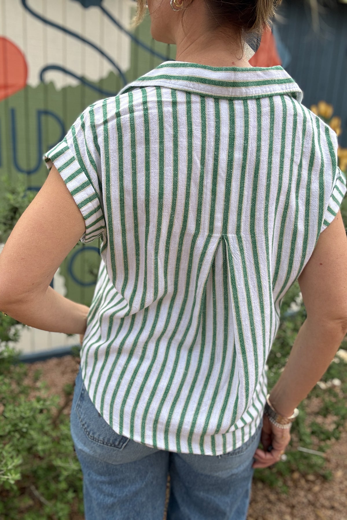 women’s clothing near me, clothing store near me, Blanco TX boutique, striped button up top, green and white stripes, relaxed fit top, casual chic style, shop women’s clothing online, ships from Texas