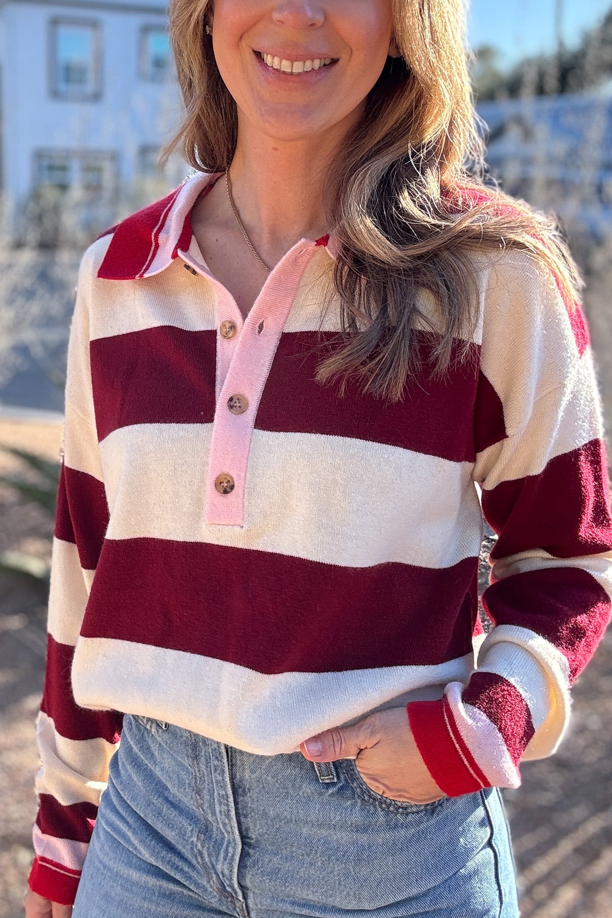 Easy, cozy, and polished all in one! This striped henley sweater brings that relaxed, lived in feel with a soft knit and an easy drape that looks great half tucked or worn loose. The collar and button front add a little structure, so you can wear it for everyday plans or dress it up with denim and boots. Designed to fit loose when you choose your true size, it gives you that effortless, comfortable fit without feeling oversized.Women's fashion boutique Blanco Texas