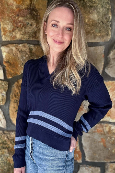 organic cotton blue sweater, able brand. ribbed cotton, split neck detailing, pretty stripes