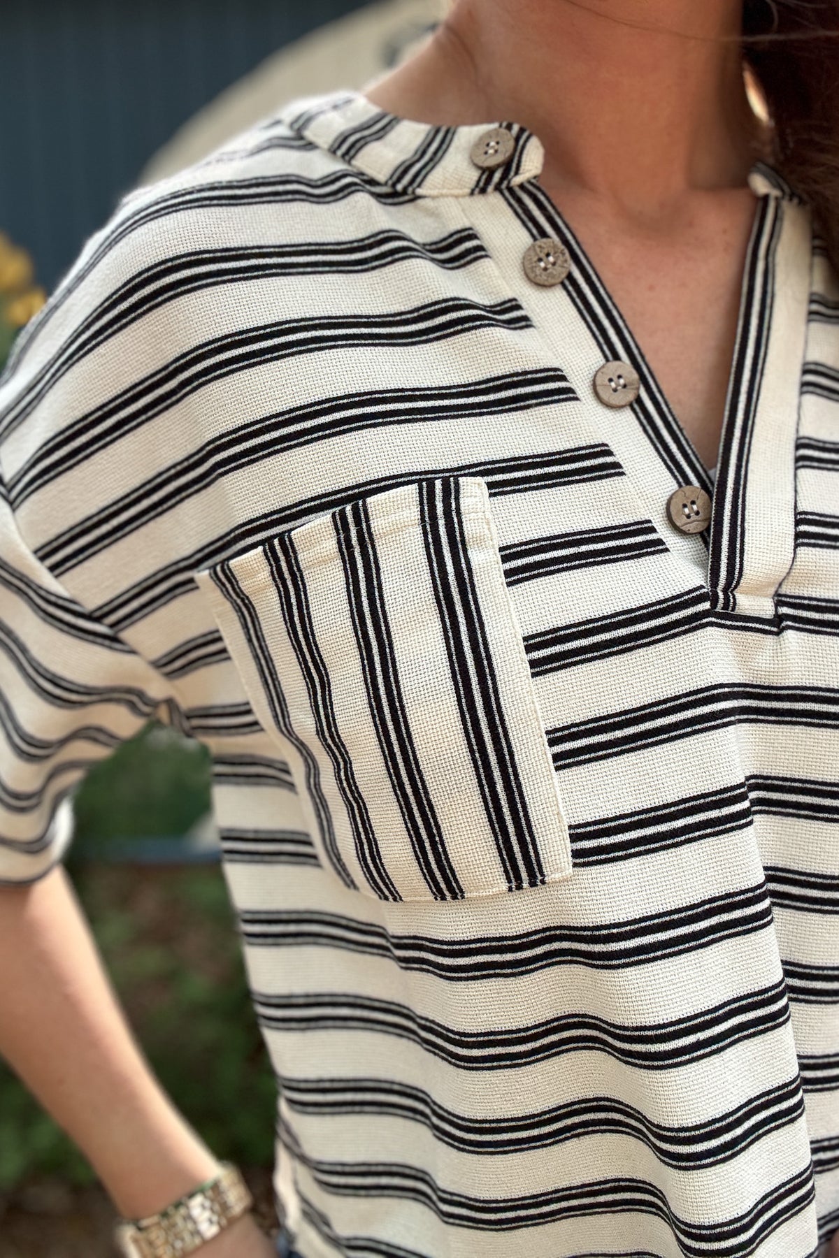 striped knit top, black and white striped sweater top, v neck knit top, boxy knit top, button front knit top, women’s striped top, casual knit top, everyday knitwear, lightweight sweater top, relaxed fit top, soft stretch sweater, neutral stripe top  