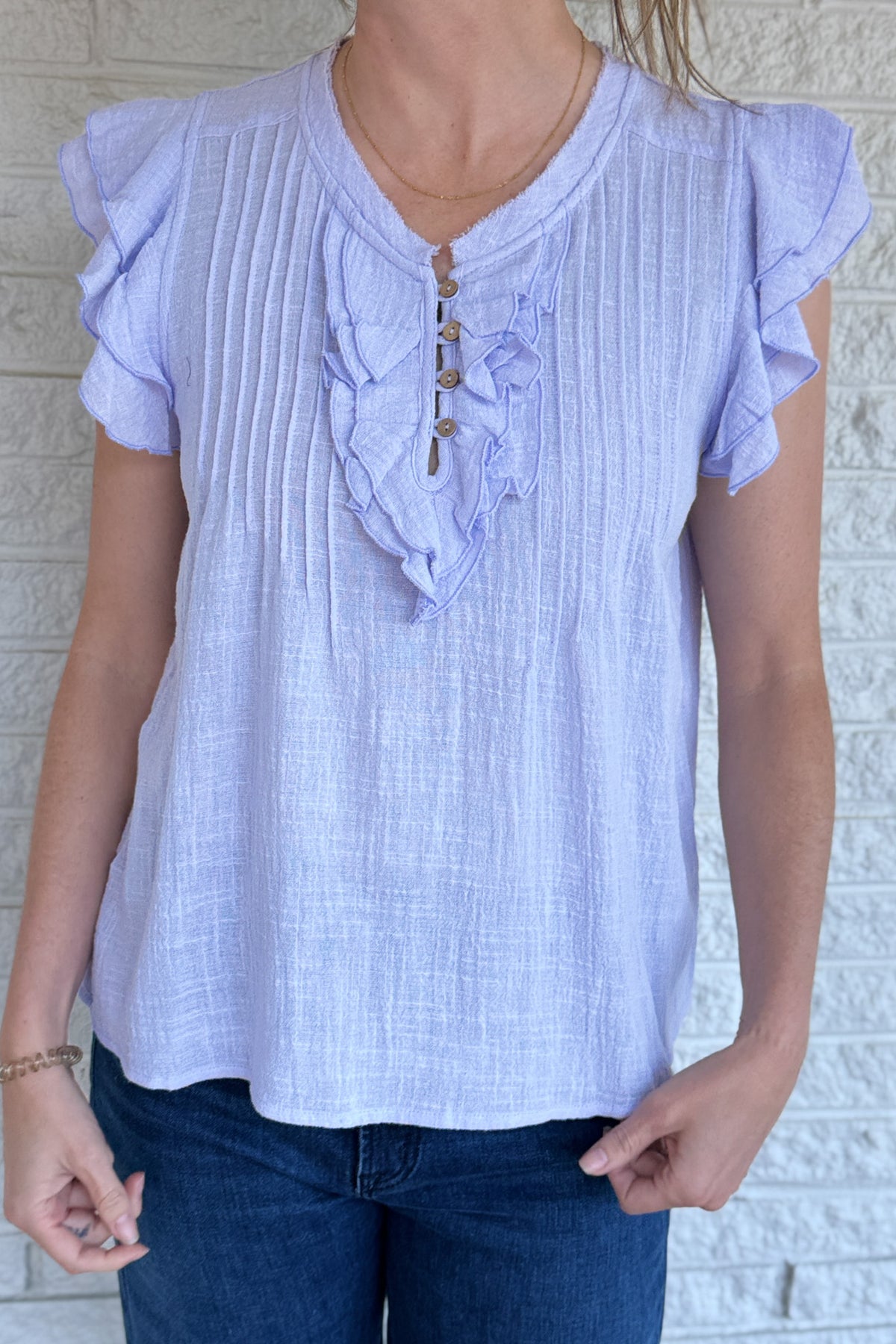 lavender cotton blouse, ruffle shoulder top, women’s clothing boutique, Clothing Store Near Me, Cotton Clothing Blanco TX, Cotton & Cashmere boutique, effortless style top, women’s cotton clothing