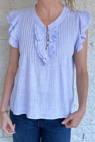 lavender cotton blouse, ruffle shoulder top, women’s clothing boutique, Clothing Store Near Me, Cotton Clothing Blanco TX, Cotton & Cashmere boutique, effortless style top, women’s cotton clothing