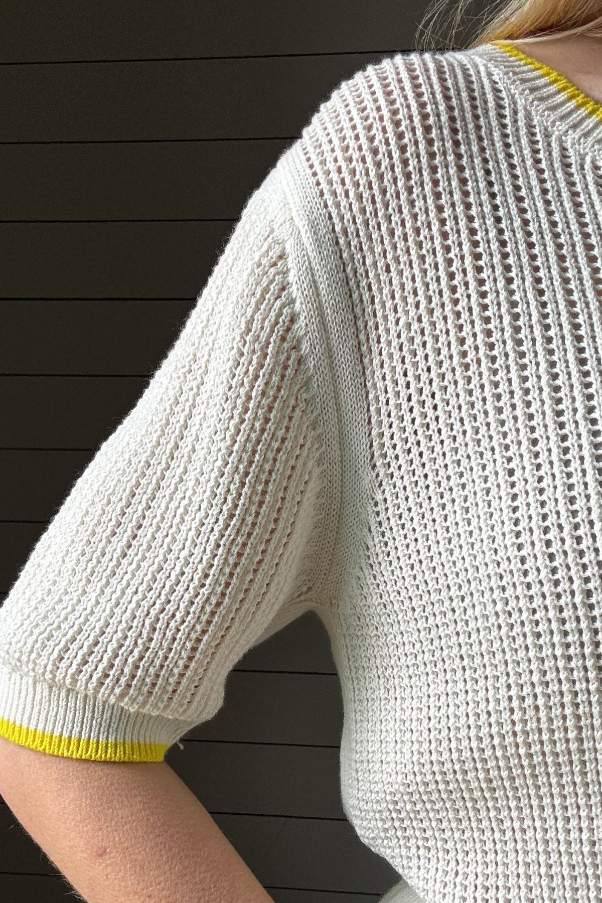 Lemon Yellow Trim Crochet Knit Top, 100% Cotton - Cotton & Cashmere