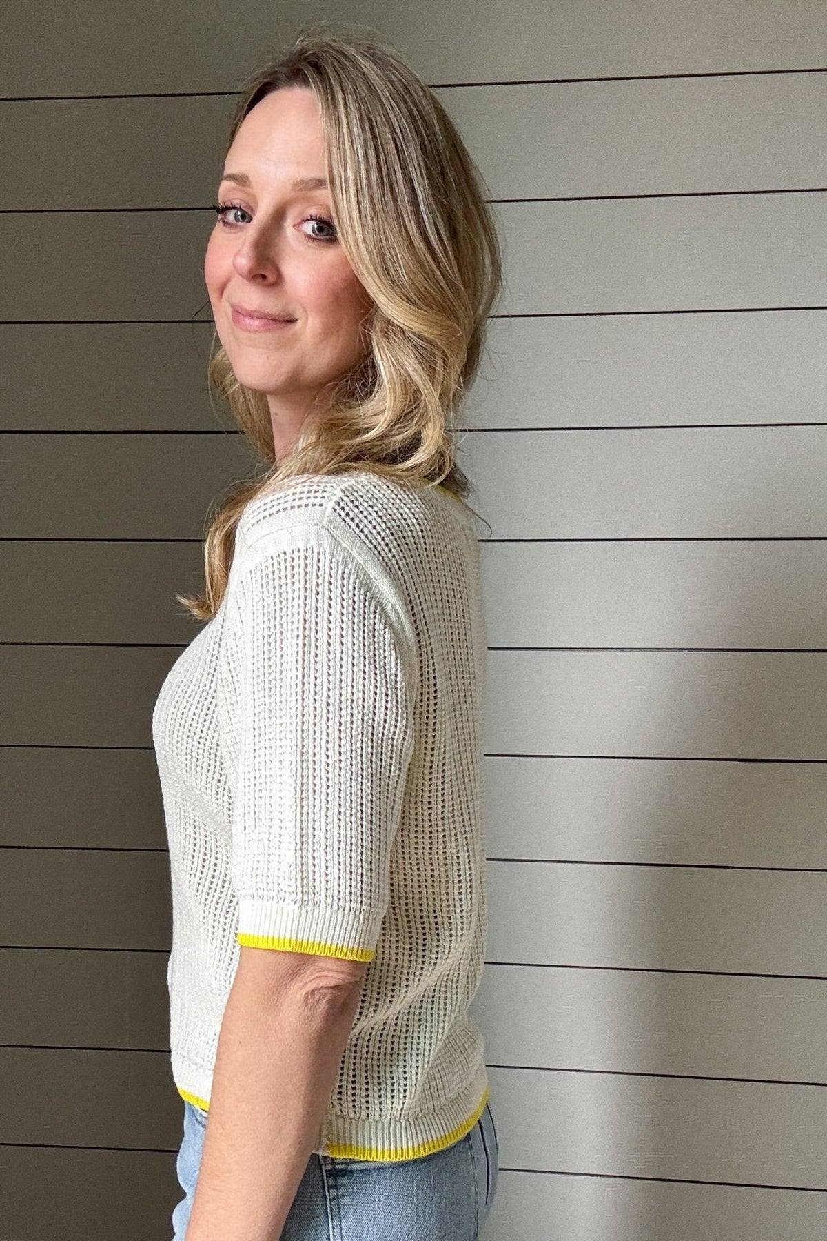 Lemon Yellow Trim Crochet Knit Top, 100% Cotton - Cotton & Cashmere