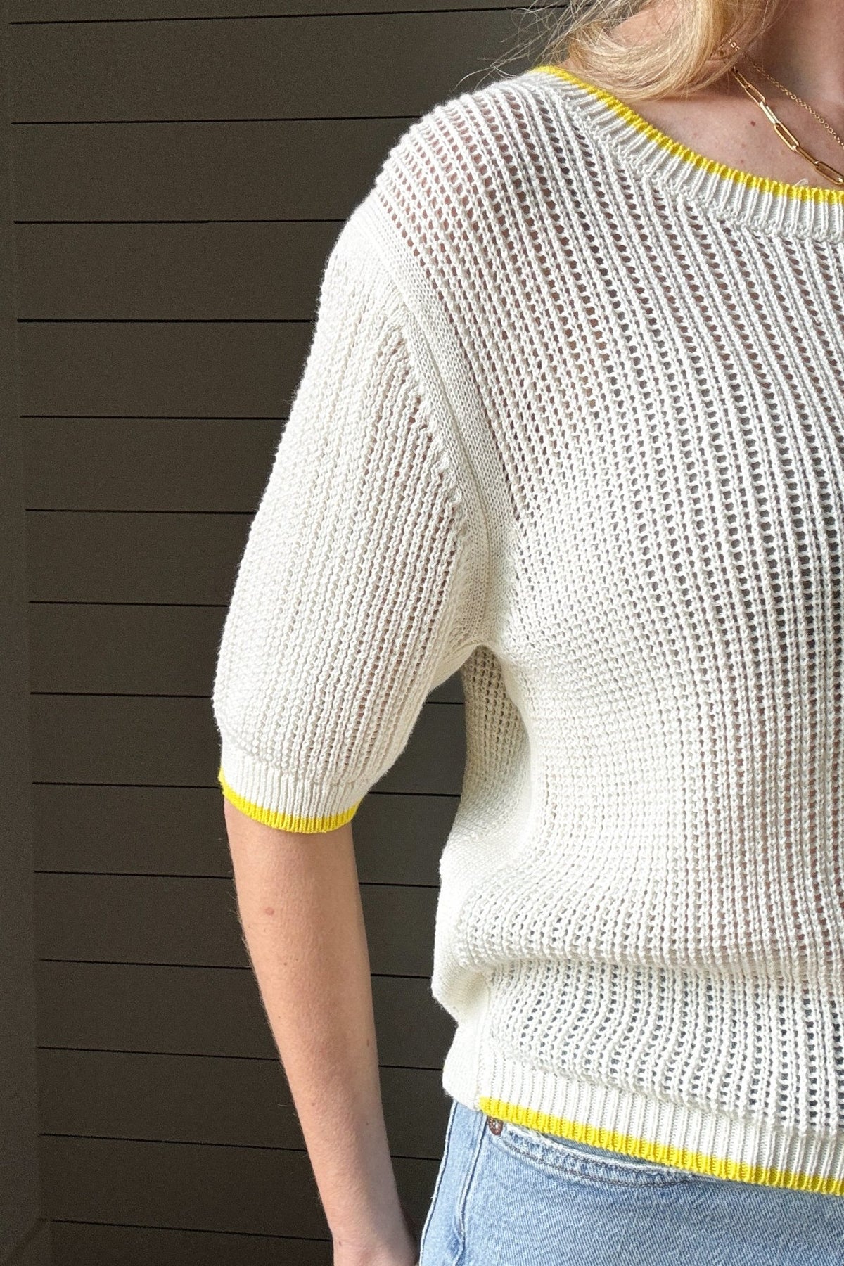 Lemon Yellow Trim Crochet Knit Top, 100% Cotton - Cotton & Cashmere