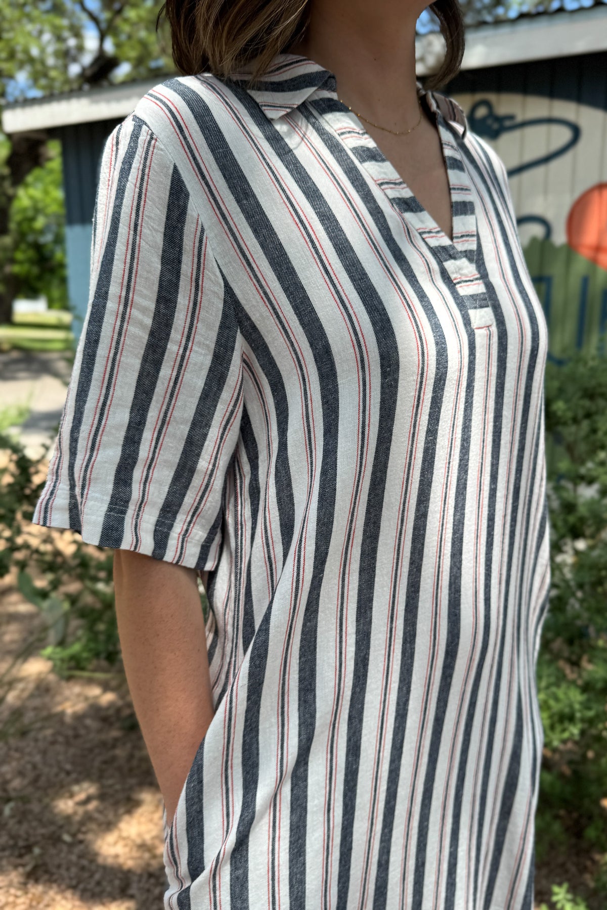 women’s linen blend dress, women’s clothing boutique Blanco TX, striped summer dress, boutique dresses online, effortless women’s fashion, breathable women’s clothing, shop women’s dresses online Texas