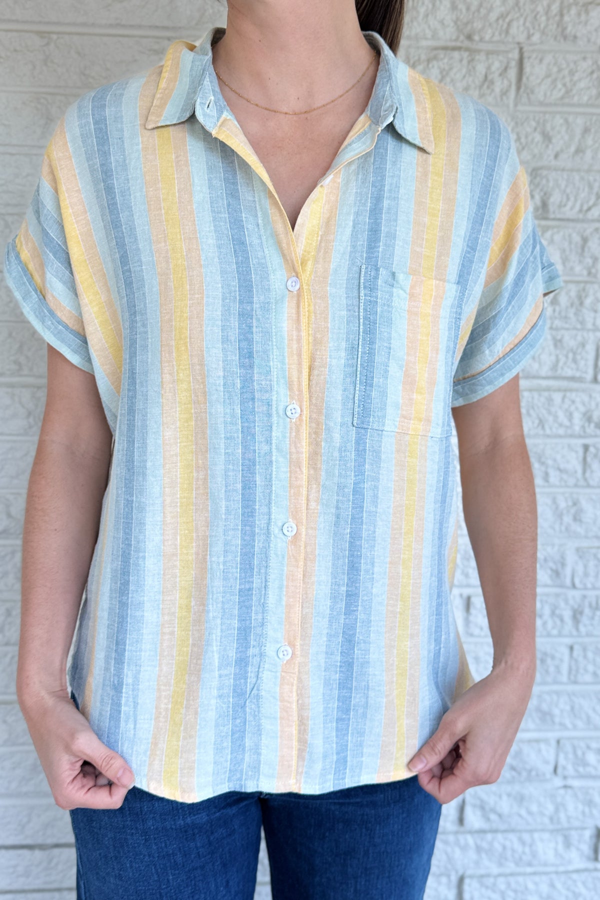blue and yellow striped shirt, linen blend button up, women’s clothing boutique, Clothing Store Near Me, Cotton Clothing Blanco TX, Cotton & Cashmere boutique, effortless style shirt, women’s clothing