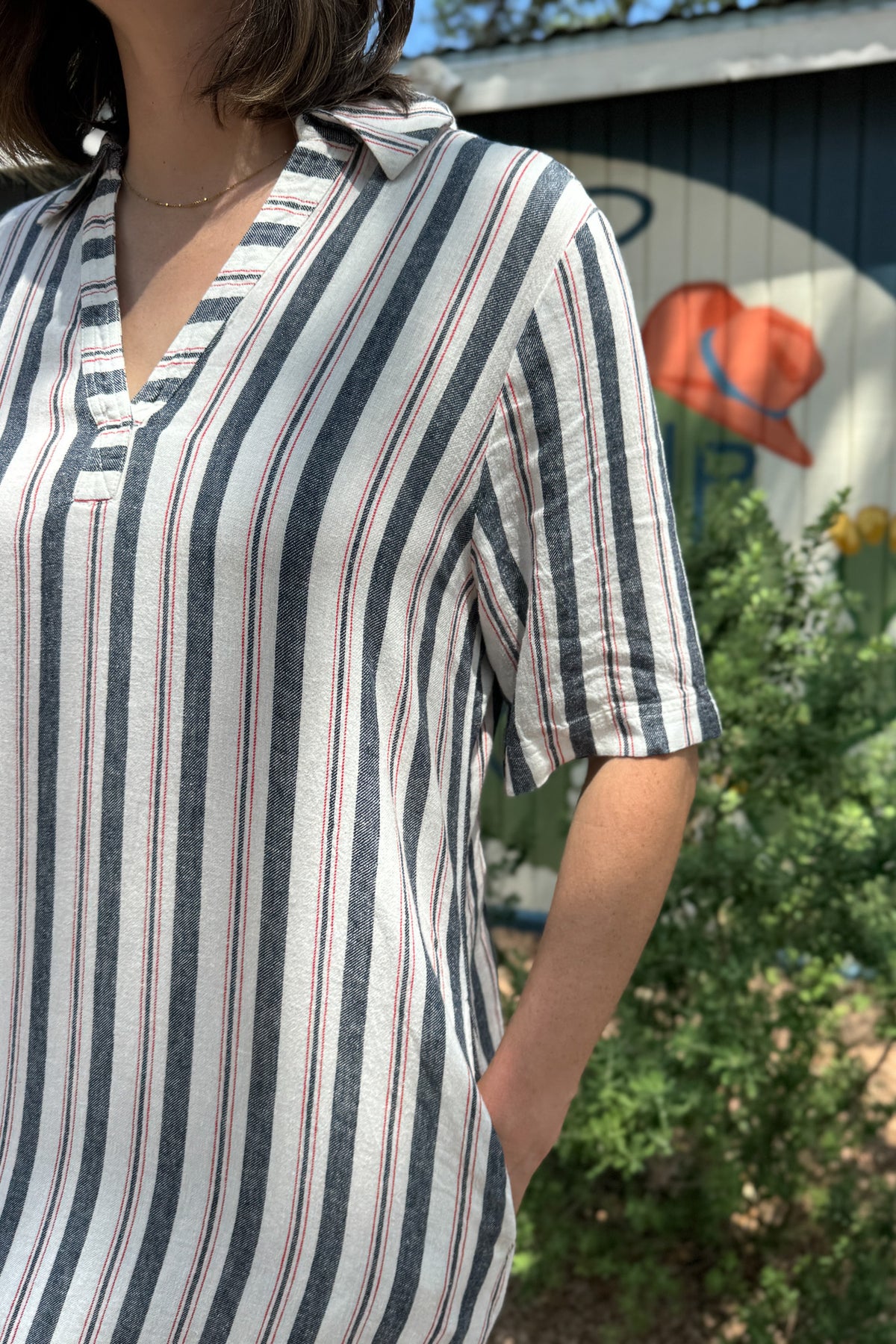linen blend striped dress, women’s clothing near Blanco Texas, casual summer dresses for women, boutique women’s fashion online, effortless style for women, quality women’s clothing, breathable boutique dresses