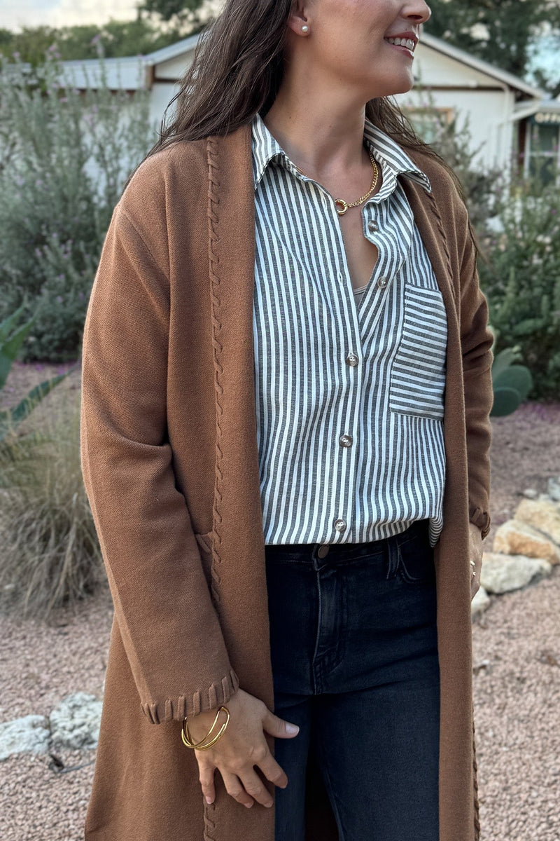 &nbsp;This long line cardigan with whipstitch detail adds a polished layer to any outfit. Soft and medium weight, it drapes beautifully while the whipstitch edging gives it a subtle, elevated touch.