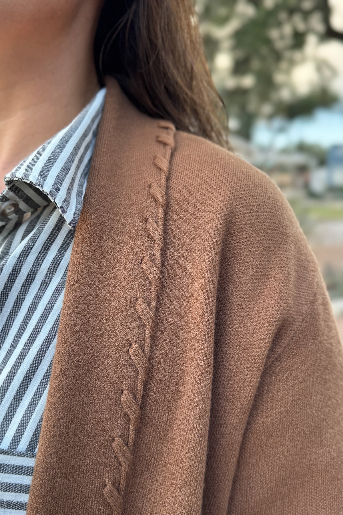 &nbsp;This long line cardigan with whipstitch detail adds a polished layer to any outfit. Soft and medium weight, it drapes beautifully while the whipstitch edging gives it a subtle, elevated touch.