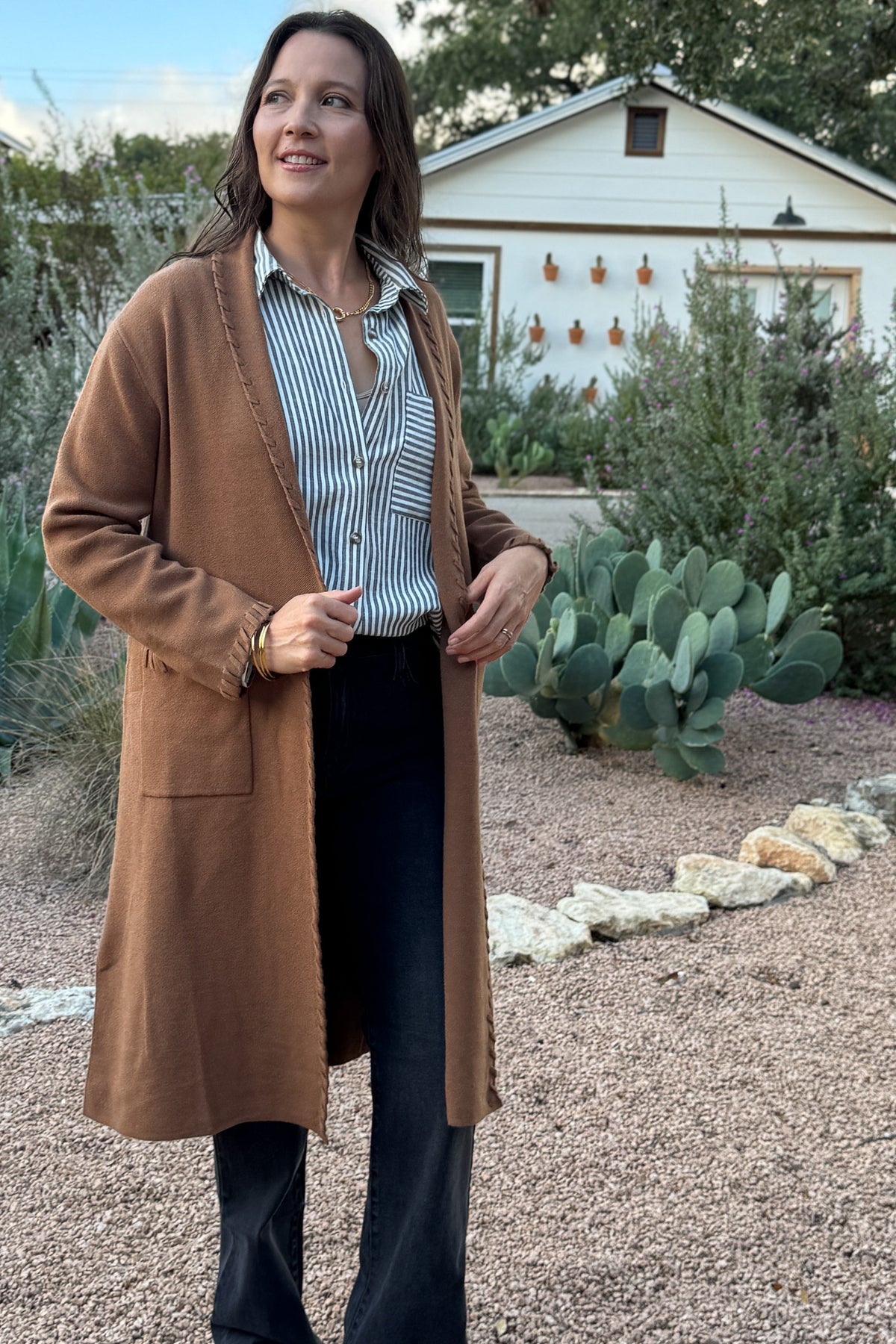 &nbsp;This long line cardigan with whipstitch detail adds a polished layer to any outfit. Soft and medium weight, it drapes beautifully while the whipstitch edging gives it a subtle, elevated touch.