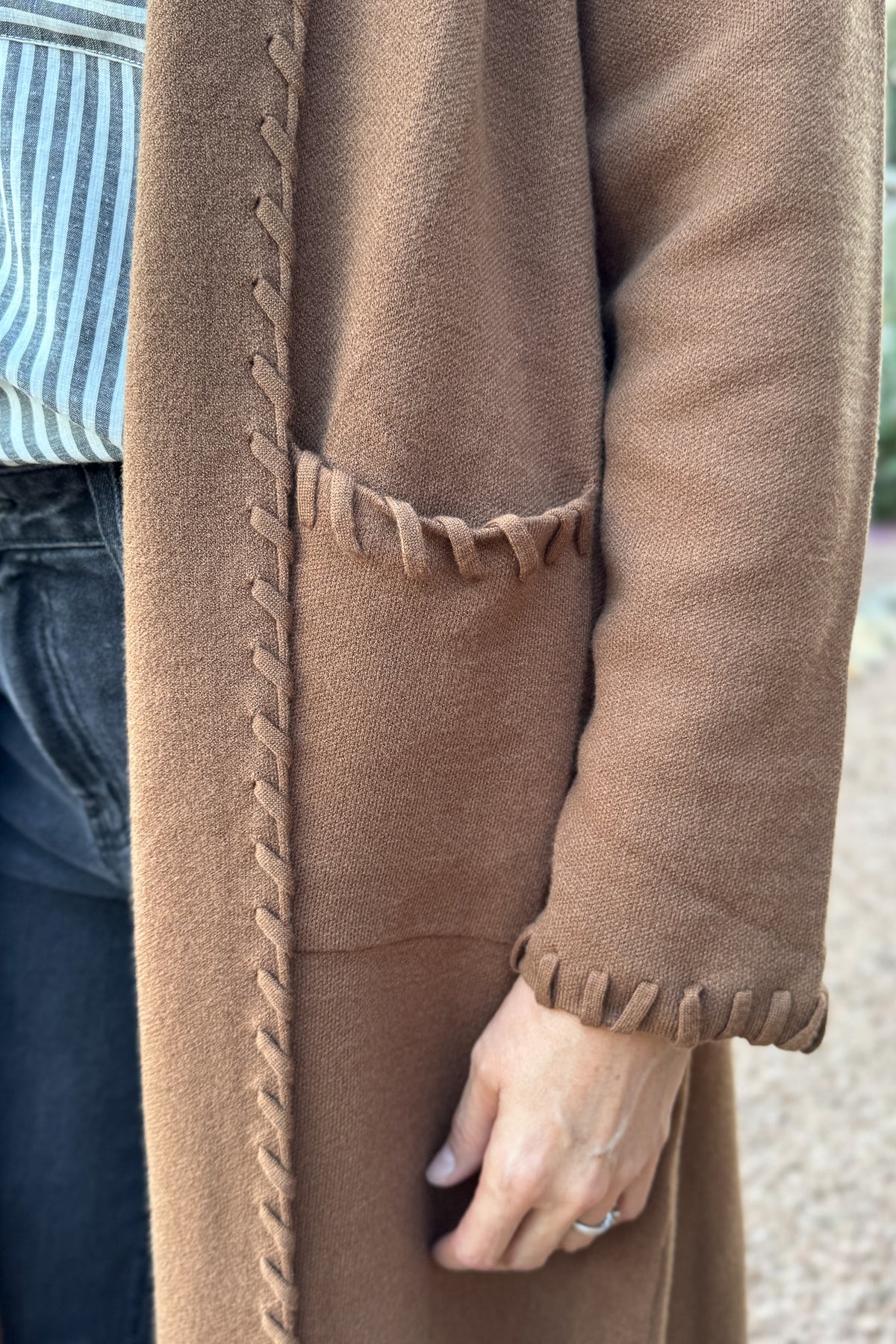 &nbsp;This long line cardigan with whipstitch detail adds a polished layer to any outfit. Soft and medium weight, it drapes beautifully while the whipstitch edging gives it a subtle, elevated touch.