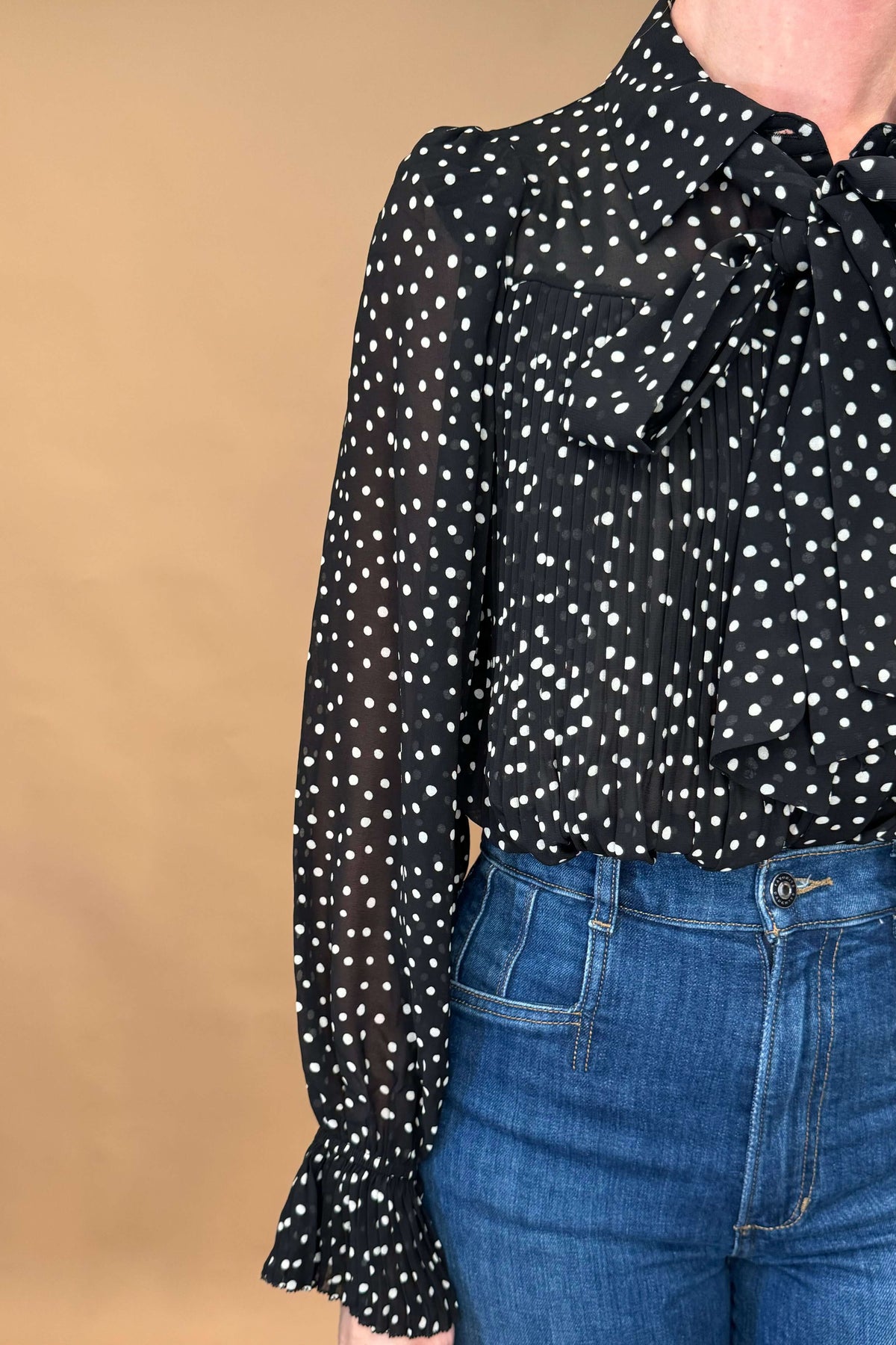 Introducing the Louka Blouse, designed in France by Suncoo. This gorgeous blouse features lightweight fabric, pleating on the arms and bodice, removable neck tie, and ruffled cuffs. With beautiful polka dot detailing, it's a timeless and classic addition to your wardrobe.