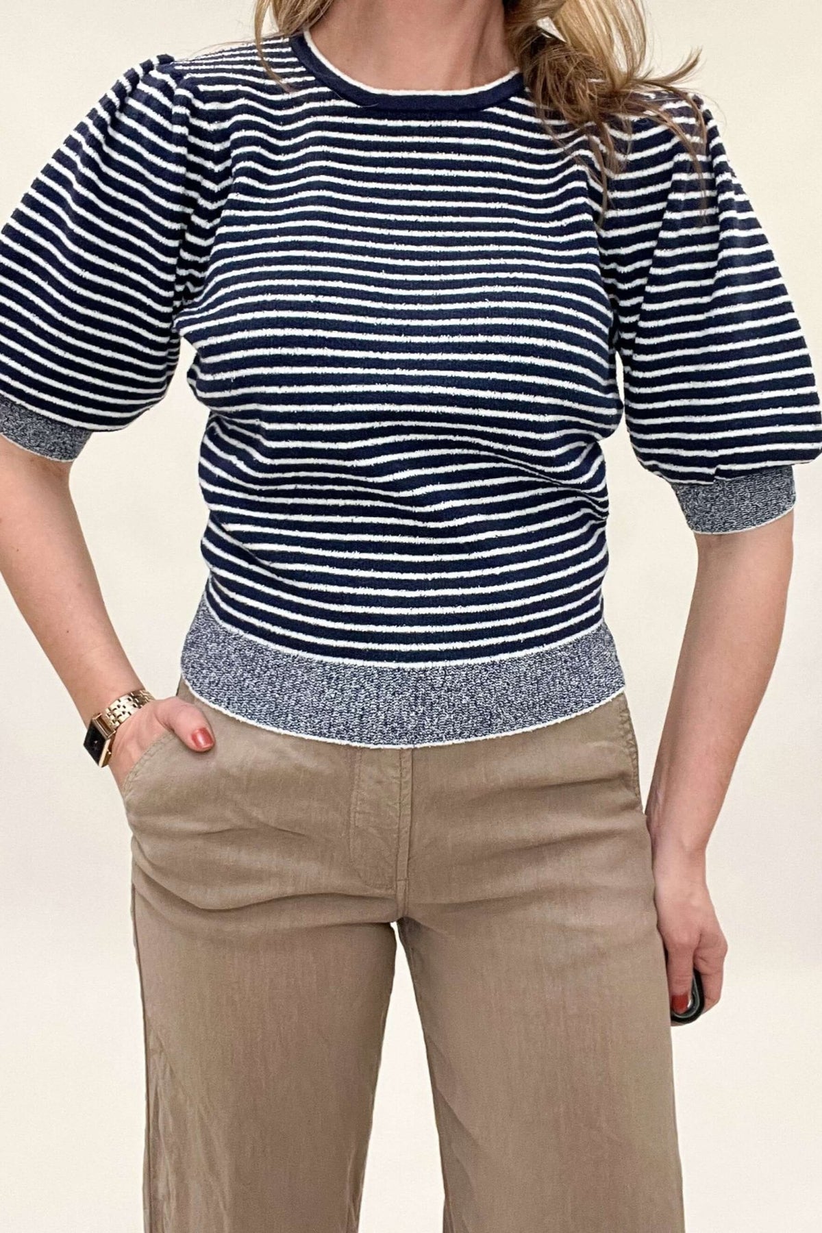 Navy Striped Short Sleeve Knit Top - Cotton & Cashmere