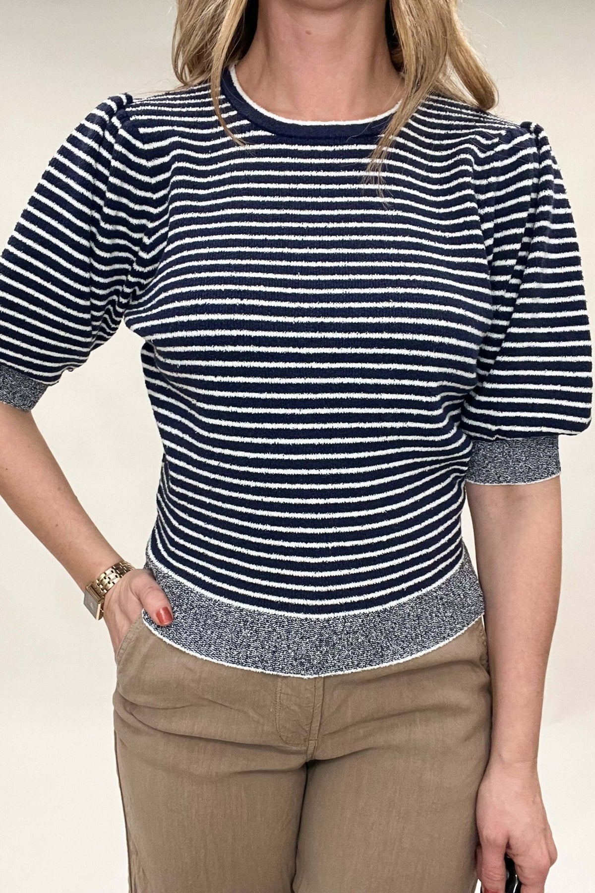 Navy Striped Short Sleeve Knit Top - Cotton & Cashmere