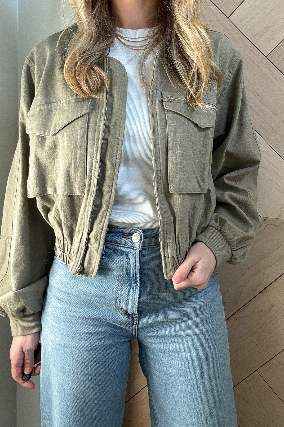 green zipper front crop linen and cotton blend jacket