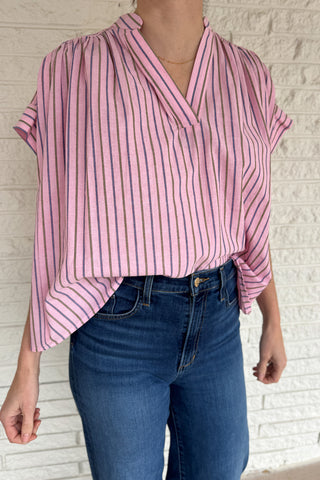 This lightweight striped top is an easy go to for polished everyday style! Designed in France, it features a flattering split neckline and relaxed dolman sleeves that drape beautifully without feeling oversized. The soft cotton fabric feels breathable and comfortable, making it perfect for warm days or easy layering under a jacket. The subtle stripe pattern adds interest while staying timeless, so you can dress it up for work or keep it casual with denim. Women's fashion boutique Blanco Texas
