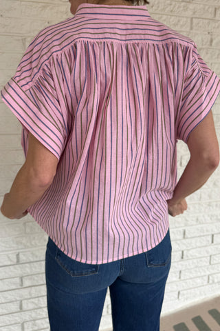 This lightweight striped top is an easy go to for polished everyday style! Designed in France, it features a flattering split neckline and relaxed dolman sleeves that drape beautifully without feeling oversized. The soft cotton fabric feels breathable and comfortable, making it perfect for warm days or easy layering under a jacket. The subtle stripe pattern adds interest while staying timeless, so you can dress it up for work or keep it casual with denim. Women's fashion boutique Blanco Texas