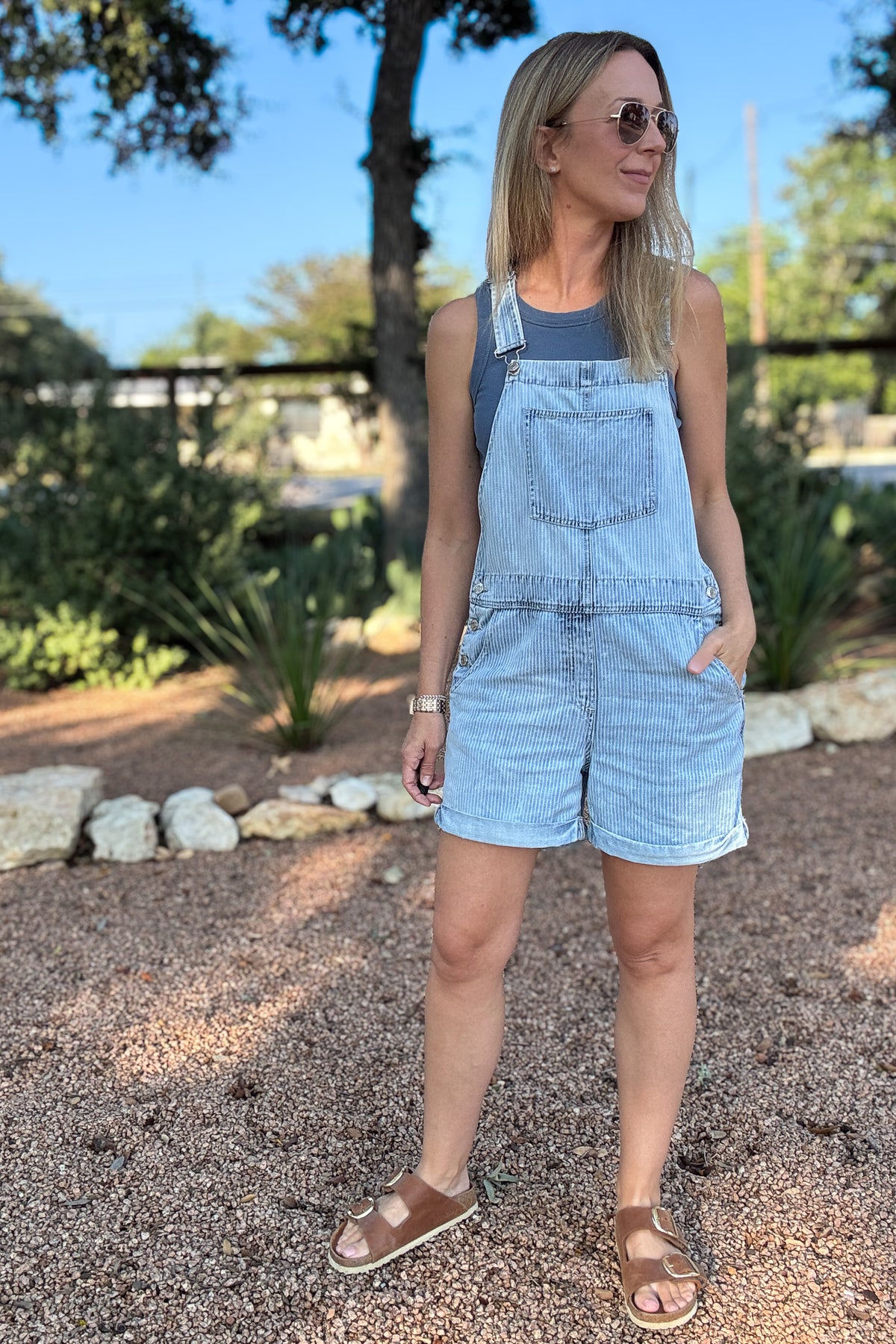   women’s short overalls, 4 inch inseam shorts, denim overall shorts, women’s summer overalls, casual denim romper, striped denim shortalls, women’s boutique clothing, effortless women’s style, Cotton & Cashmere Blanco Texas  