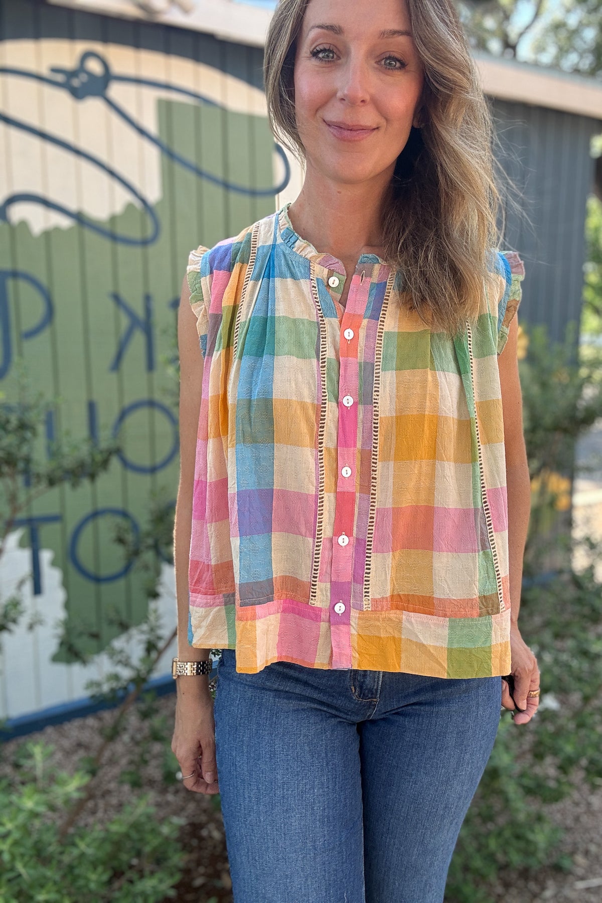women’s cotton ruffle blouse, dobby cotton top, women’s button front blouse, relaxed fit women’s top, ruffle sleeve blouse, feminine cotton blouse, lightweight women’s top, swing silhouette blouse
