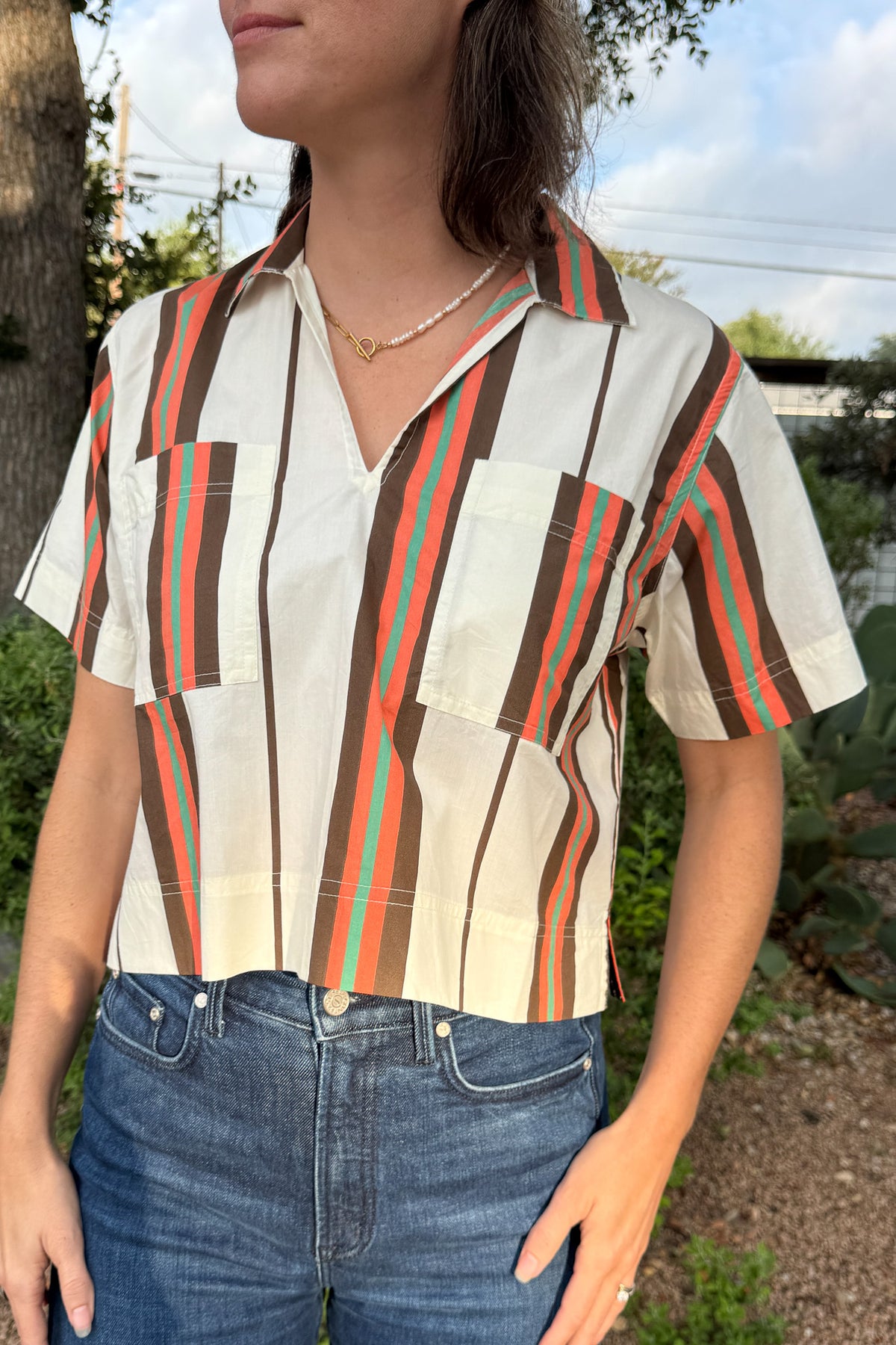 Women’s vintage stripe cotton poplin top with a boxy cropped fit, relaxed collar, and front patch pockets.
