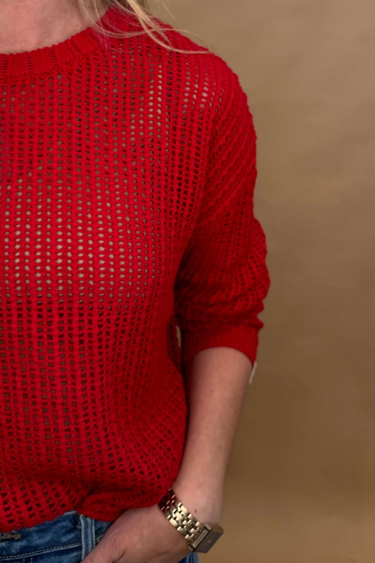 Red Open Knit Sweater, 100% Cotton - Cotton & Cashmere