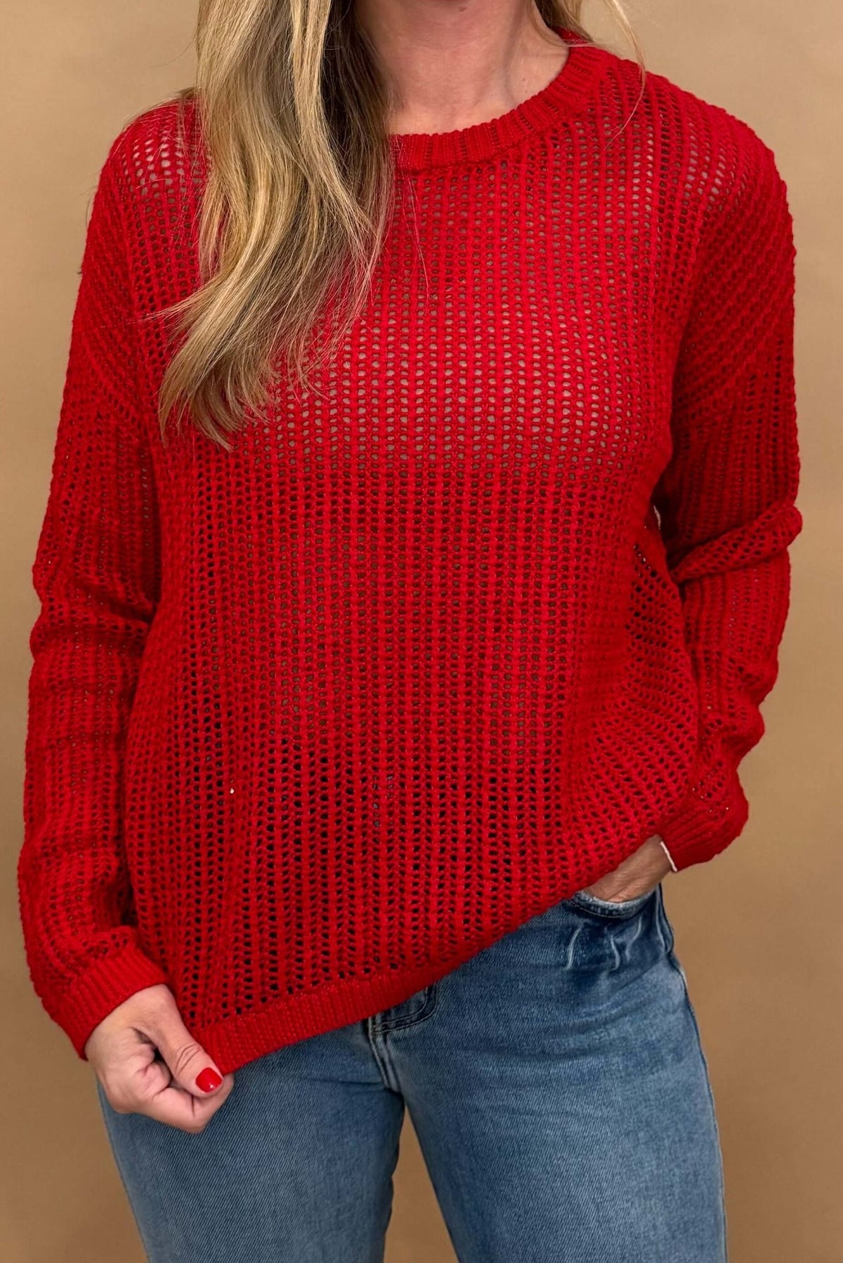 Red Open Knit Sweater, 100% Cotton - Cotton & Cashmere