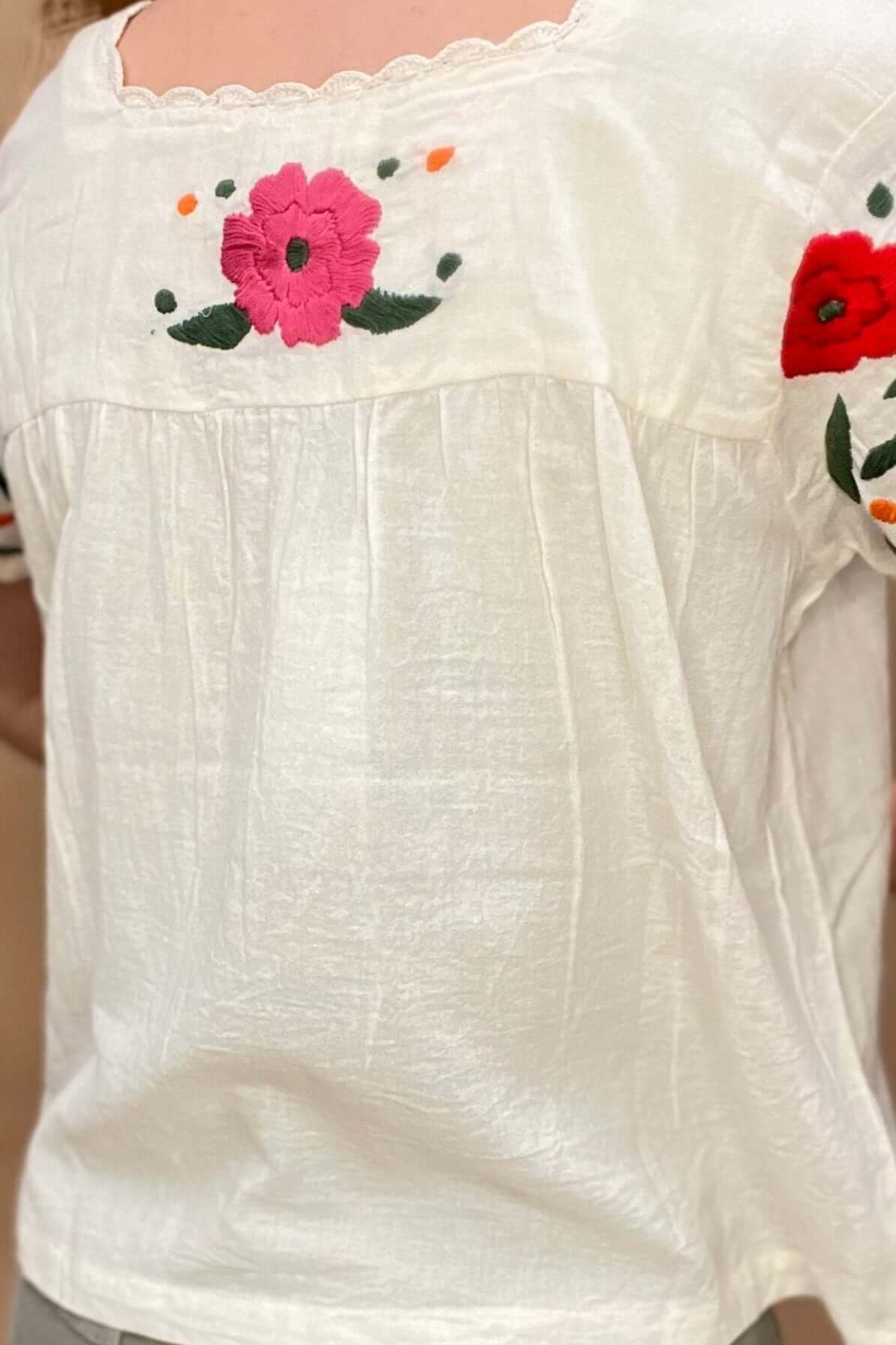 red and pink embroidered cotton blouse