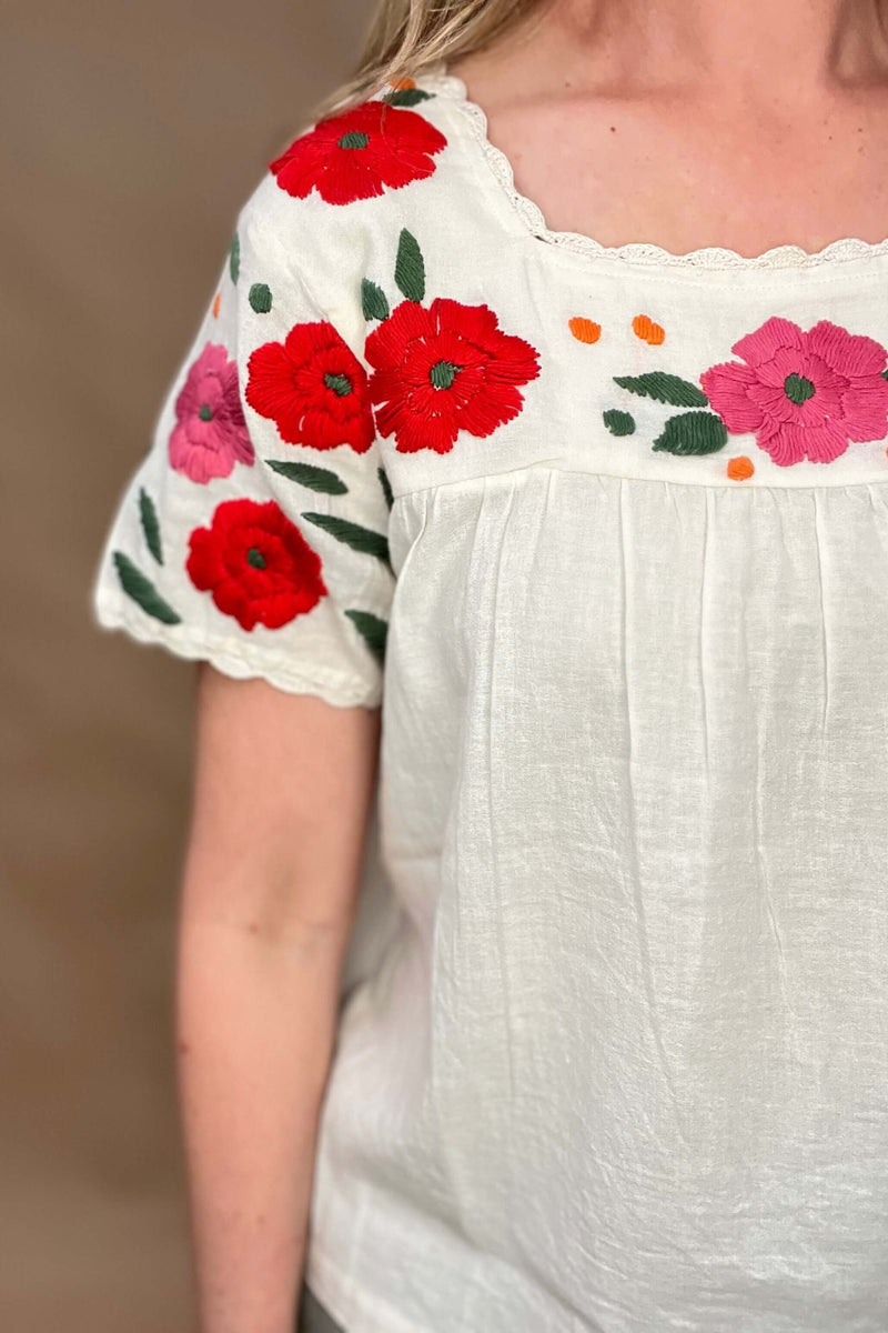 red and pink embroidered cotton blouse