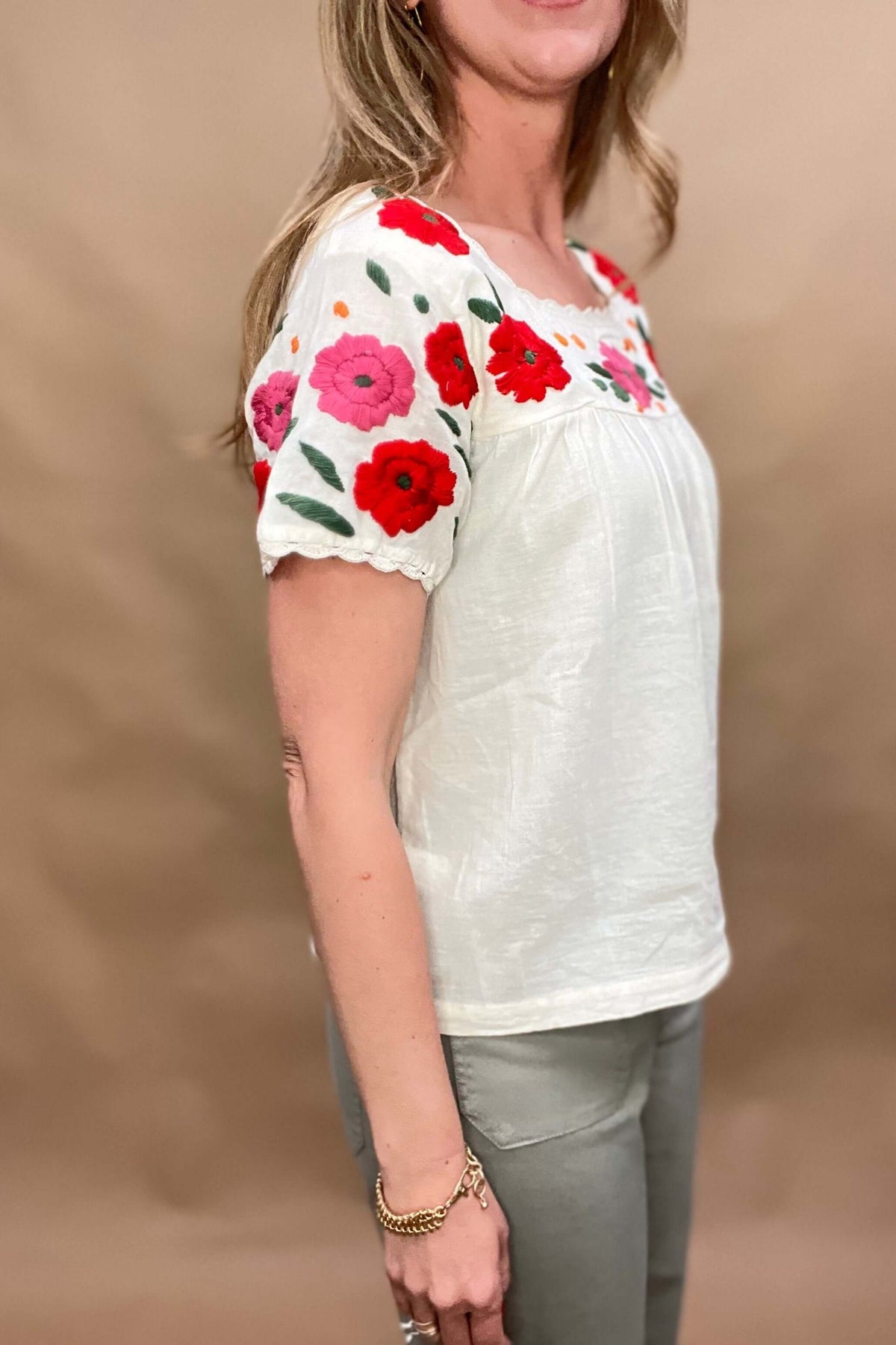 red and pink embroidered cotton blouse 