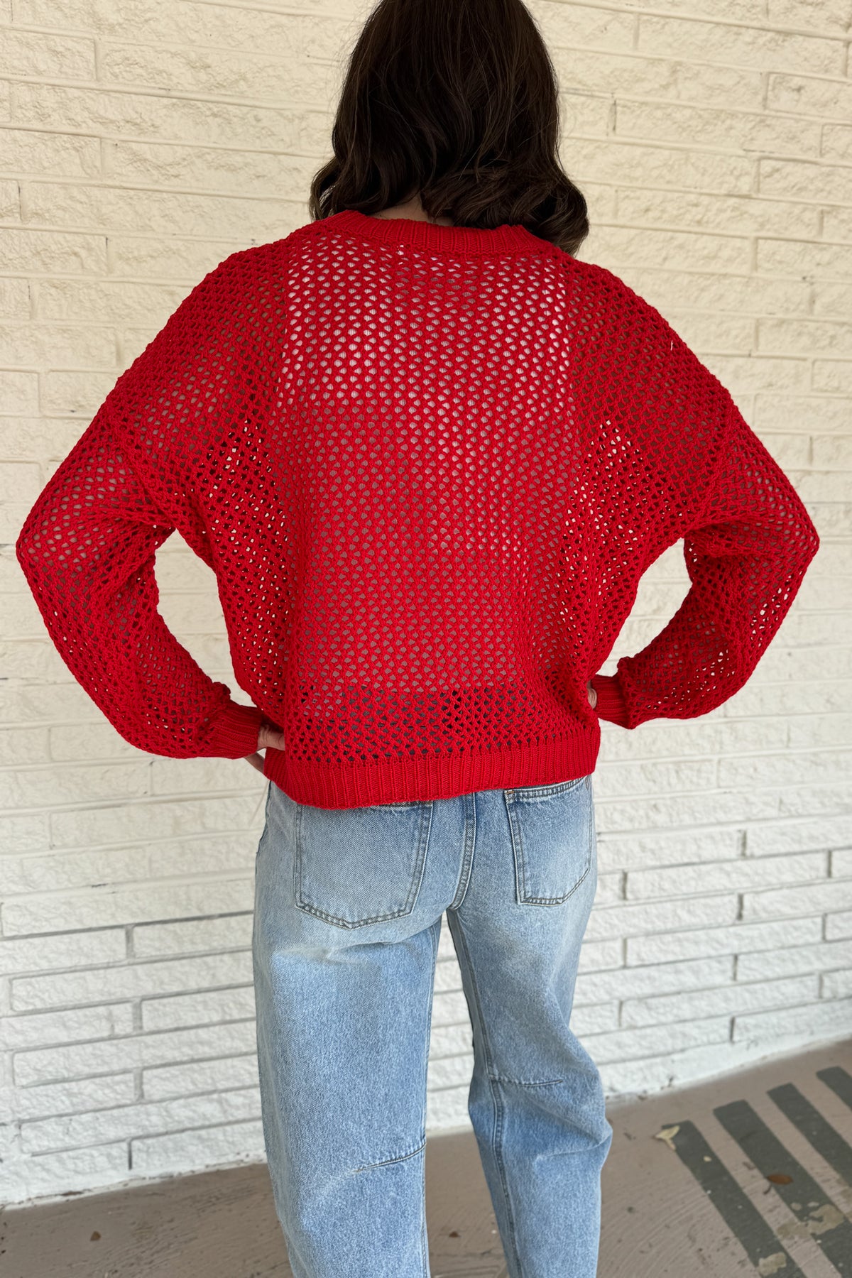red open weave sweater, cotton blend knit sweater women, lightweight layering sweater, casual women’s boutique clothing, breathable spring sweater, effortless style women’s fashion, sustainable-inspired women’s clothing, Blanco Texas clothing boutique, online women’s boutique USA, Cotton & Cashmere boutique  