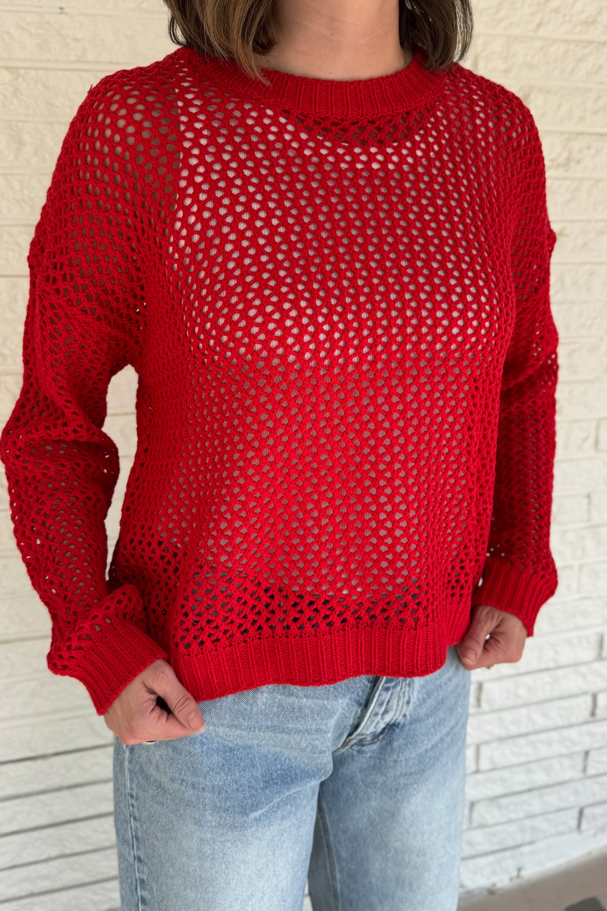 red open weave sweater, cotton blend knit sweater women, lightweight layering sweater, casual women’s boutique clothing, breathable spring sweater, effortless style women’s fashion, sustainable-inspired women’s clothing, Blanco Texas clothing boutique, online women’s boutique USA, Cotton & Cashmere boutique  