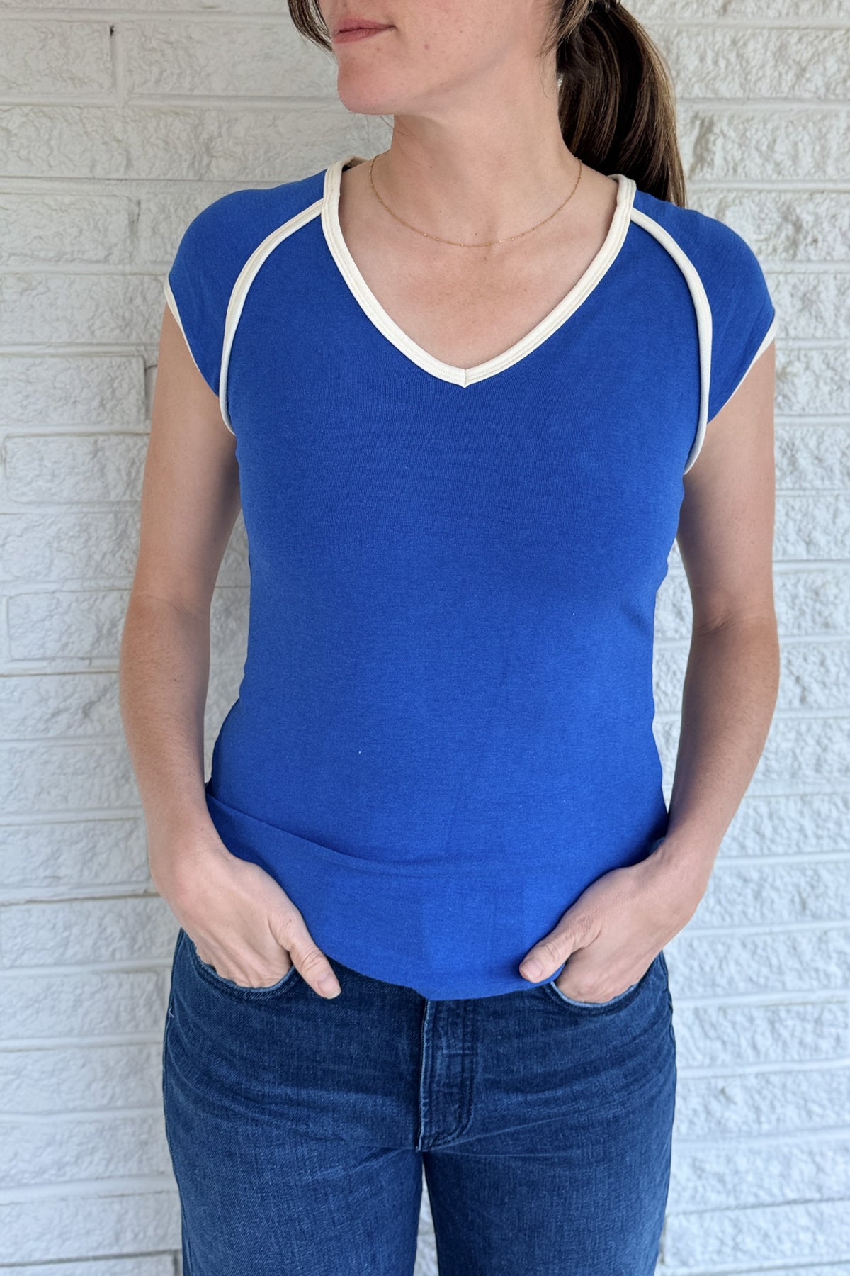 cotton knit tee, women’s fitted tee, royal blue top, retro style tee, cap sleeve shirt, stretch cotton top, everyday style, effortless clothing, women over 35 style, sustainable women’s fashion, cotton women’s clothing, clothing store near me, Blanco TX boutique, made for everyday wear, ships quickly Texas