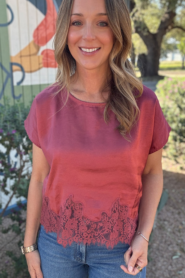 Dusty Rose Lace Trimmed Satin Top – Cotton & Cashmere