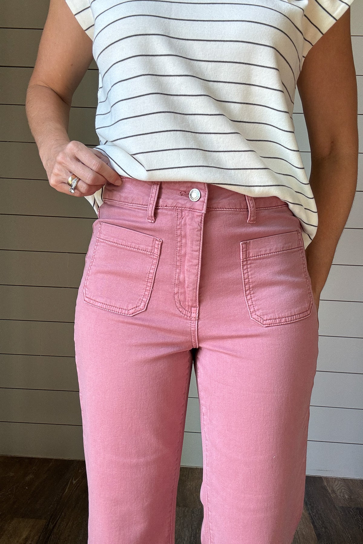 &nbsp;Meet your new go-to for comfort and style. The Sunset Stroll Knit Pants are made from a soft, knit fabric that moves with you while keeping their shape. The washed rose hue adds a fresh pop of color to your wardrobe, while the cropped, slight flare leg keeps the look modern and easy. Front patch pockets give them a laid-back, utility-inspired vibe—perfect for everyday wear.