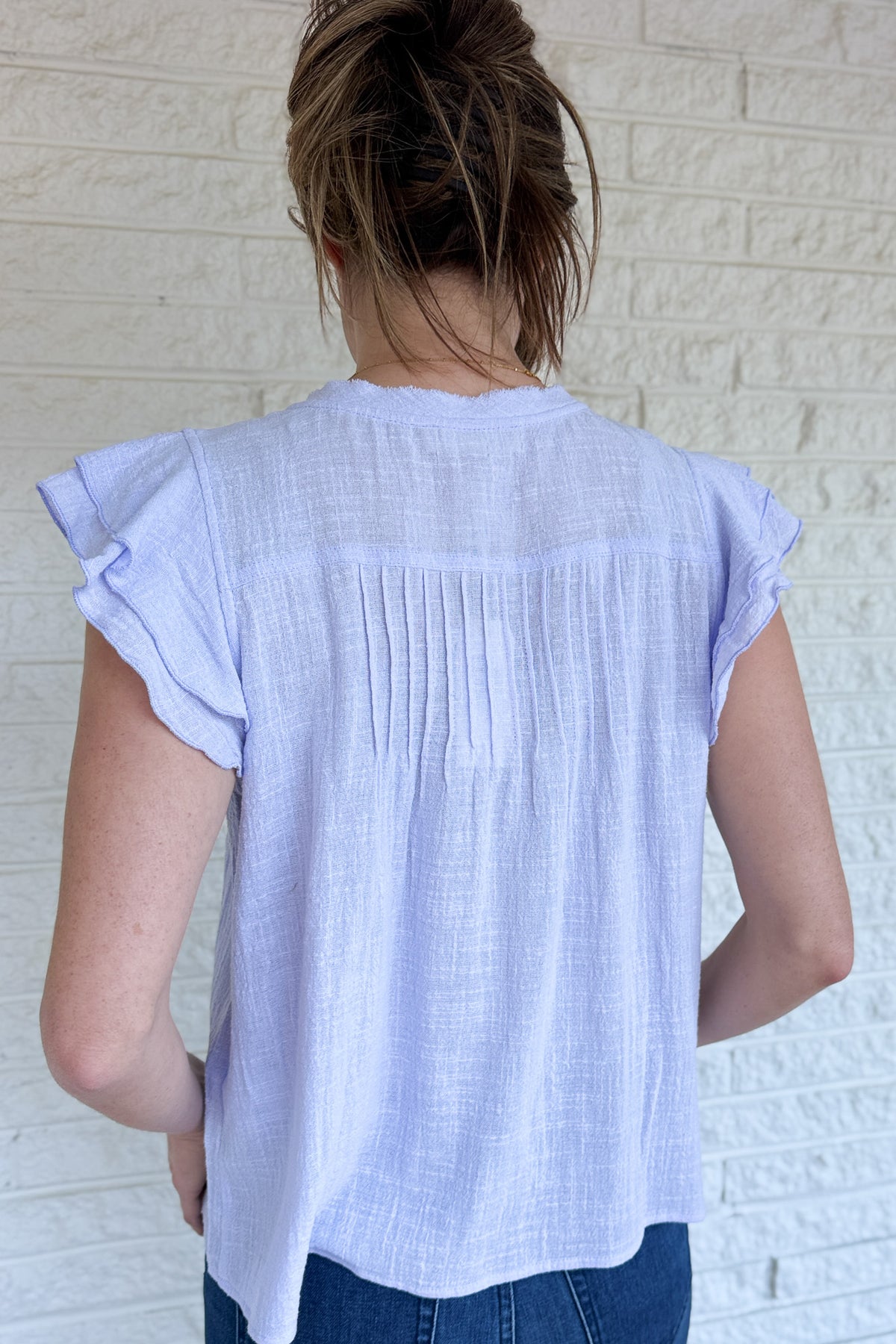 effortless lavender blouse, feminine ruffle neckline top, soft gauze summer blouse, casual chic cotton top, easy everyday blouse women, light airy outfit top, relaxed feminine style, warm weather blouse