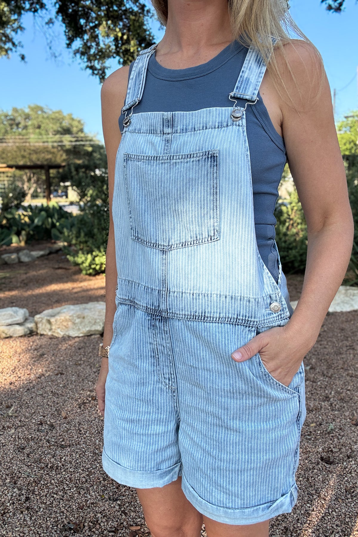   women’s short overalls, 4 inch inseam shorts, denim overall shorts, women’s summer overalls, casual denim romper, striped denim shortalls, women’s boutique clothing, effortless women’s style, Cotton & Cashmere Blanco Texas  