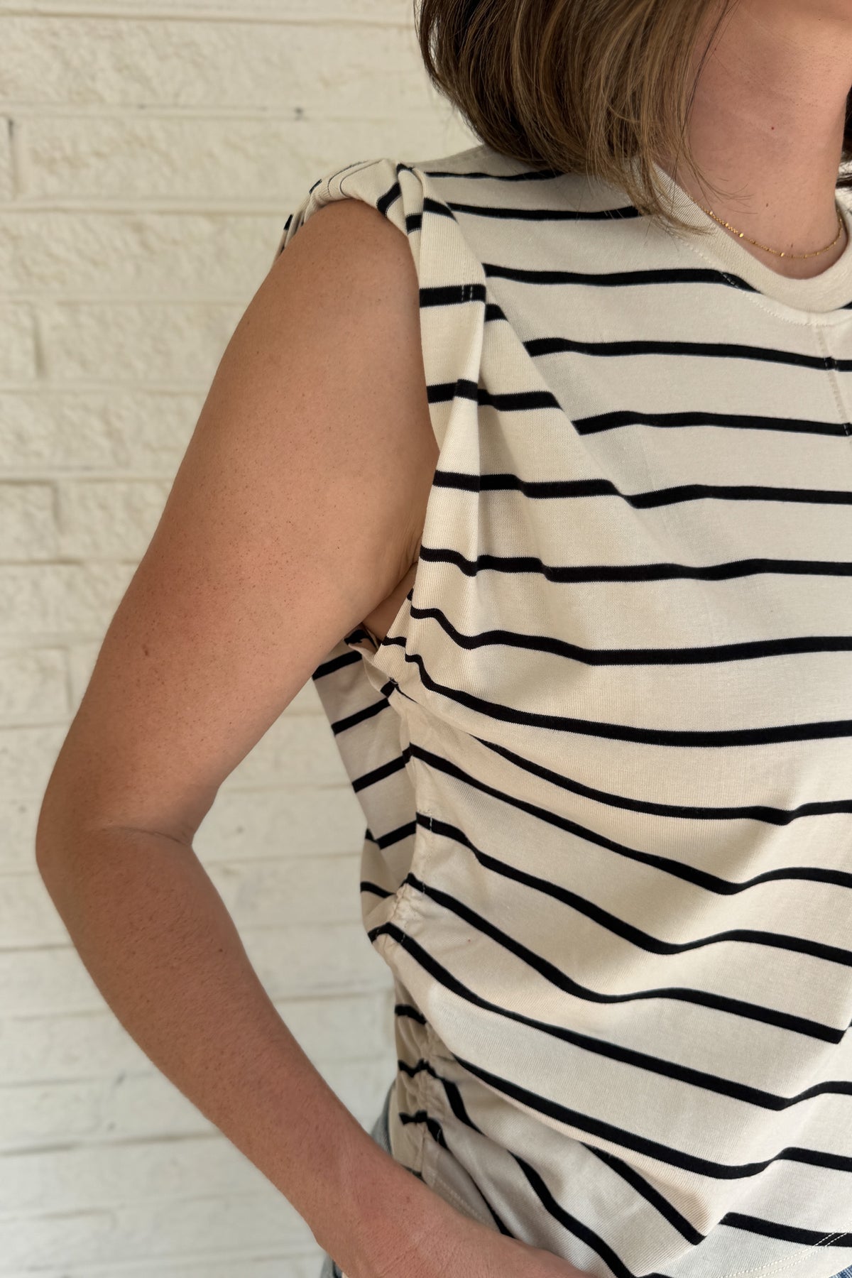 cotton blend women’s top, black and cream striped top, adjustable shoulder top, sleeveless women’s knit top, women’s boutique clothing Texas, stylish casual tops for women, effortless fashion for women over 35