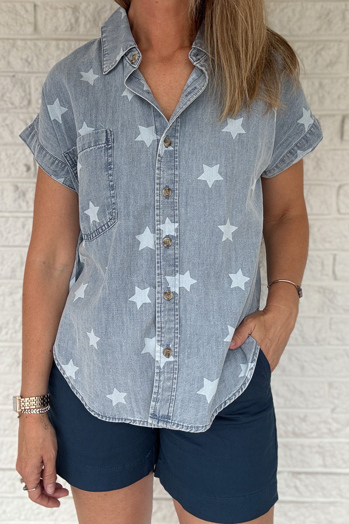star print denim top
women’s denim button up shirt
washed denim shirt for women
casual women’s tops
short sleeve denim top
star print shirt
effortless style boutique
women’s clothing boutique Blanco TX
Cotton and Cashmere Blanco Texas
easy everyday tops
boutique tops for women
casual summer tops
denim shirt with stars
Blanco Texas boutique shopping
women’s fashion Blanco TX