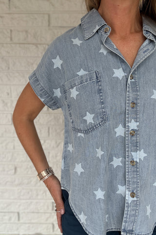 star print denim top
women’s denim button up shirt
washed denim shirt for women
casual women’s tops
short sleeve denim top
star print shirt
effortless style boutique
women’s clothing boutique Blanco TX
Cotton and Cashmere Blanco Texas
easy everyday tops
boutique tops for women
casual summer tops
denim shirt with stars
Blanco Texas boutique shopping
women’s fashion Blanco TX
