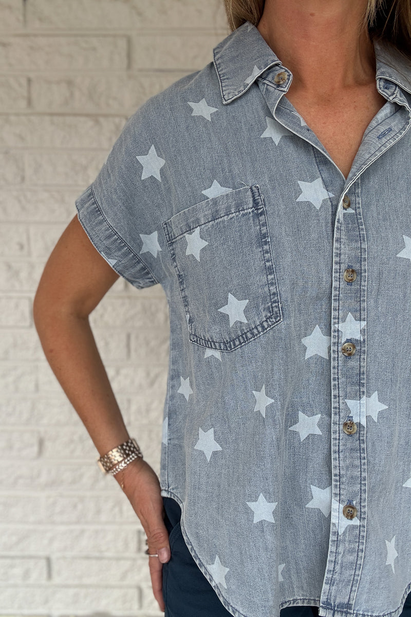 star print denim top
women’s denim button up shirt
washed denim shirt for women
casual women’s tops
short sleeve denim top
star print shirt
effortless style boutique
women’s clothing boutique Blanco TX
Cotton and Cashmere Blanco Texas
easy everyday tops
boutique tops for women
casual summer tops
denim shirt with stars
Blanco Texas boutique shopping
women’s fashion Blanco TX