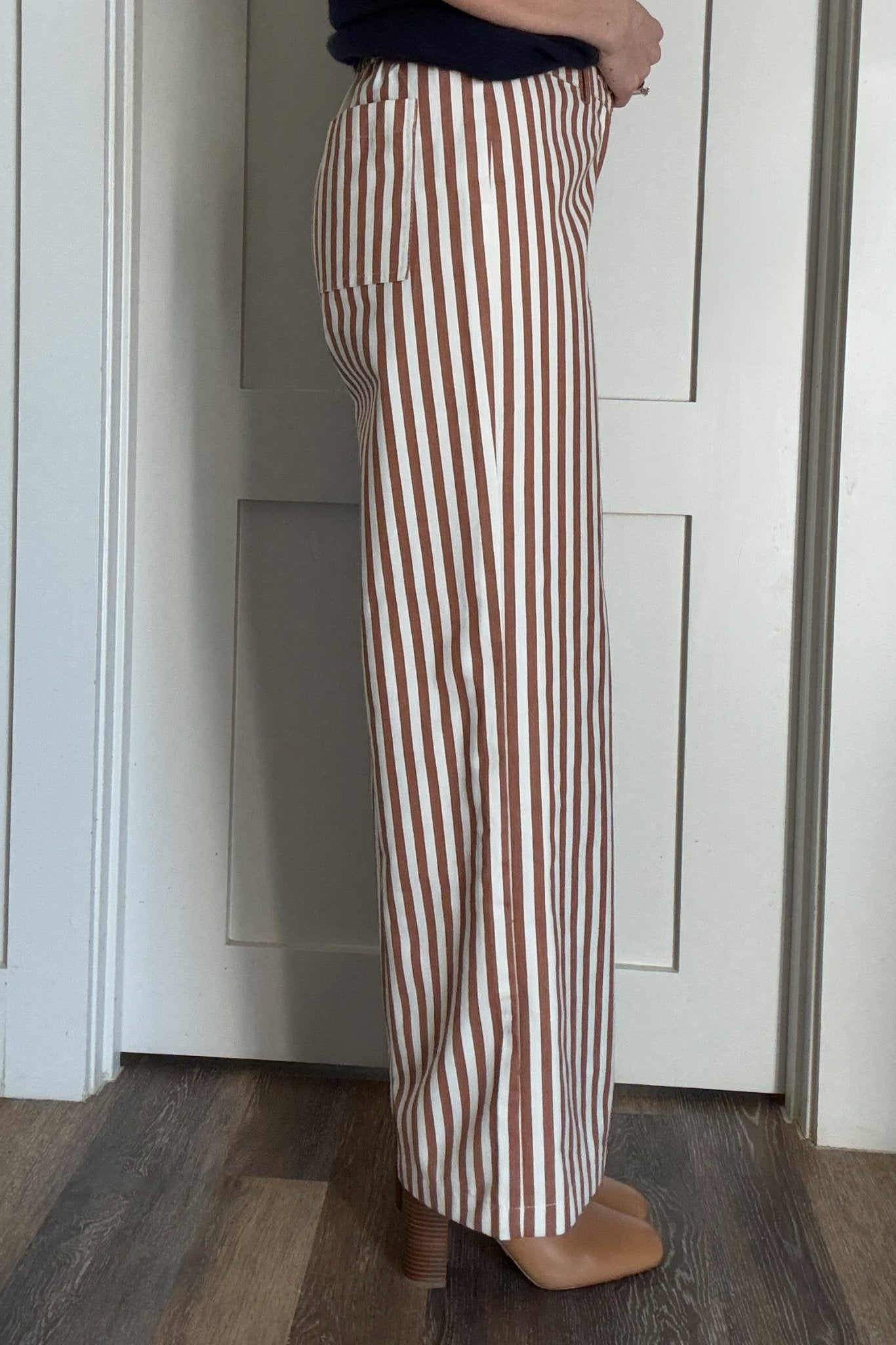 【BAON】Mthin Stripe Wide Cotton Pants Women Cotton Linen Pants Wide Leg Striped Plus Size Pant