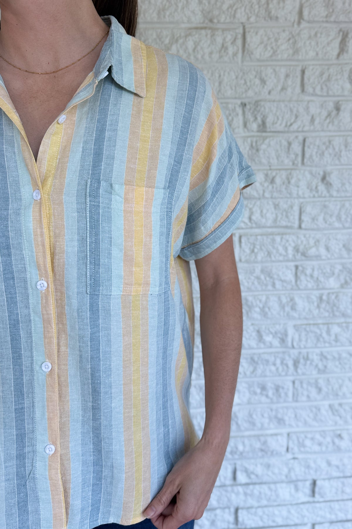 striped button up shirt women, blue yellow linen shirt, rayon linen blend blouse, lightweight button down women, breathable summer shirt women, relaxed fit striped shirt, quality women’s clothing, everyday style top