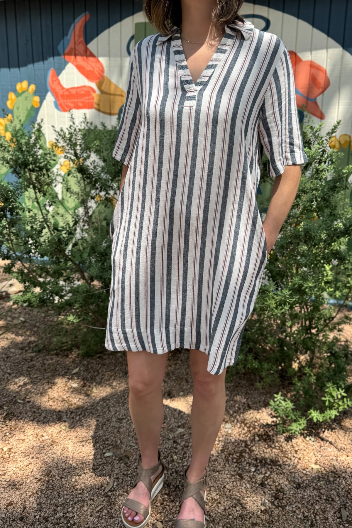 linen blend striped dress, women’s clothing near Blanco Texas, casual summer dresses for women, boutique women’s fashion online, effortless style for women, quality women’s clothing, breathable boutique dresses