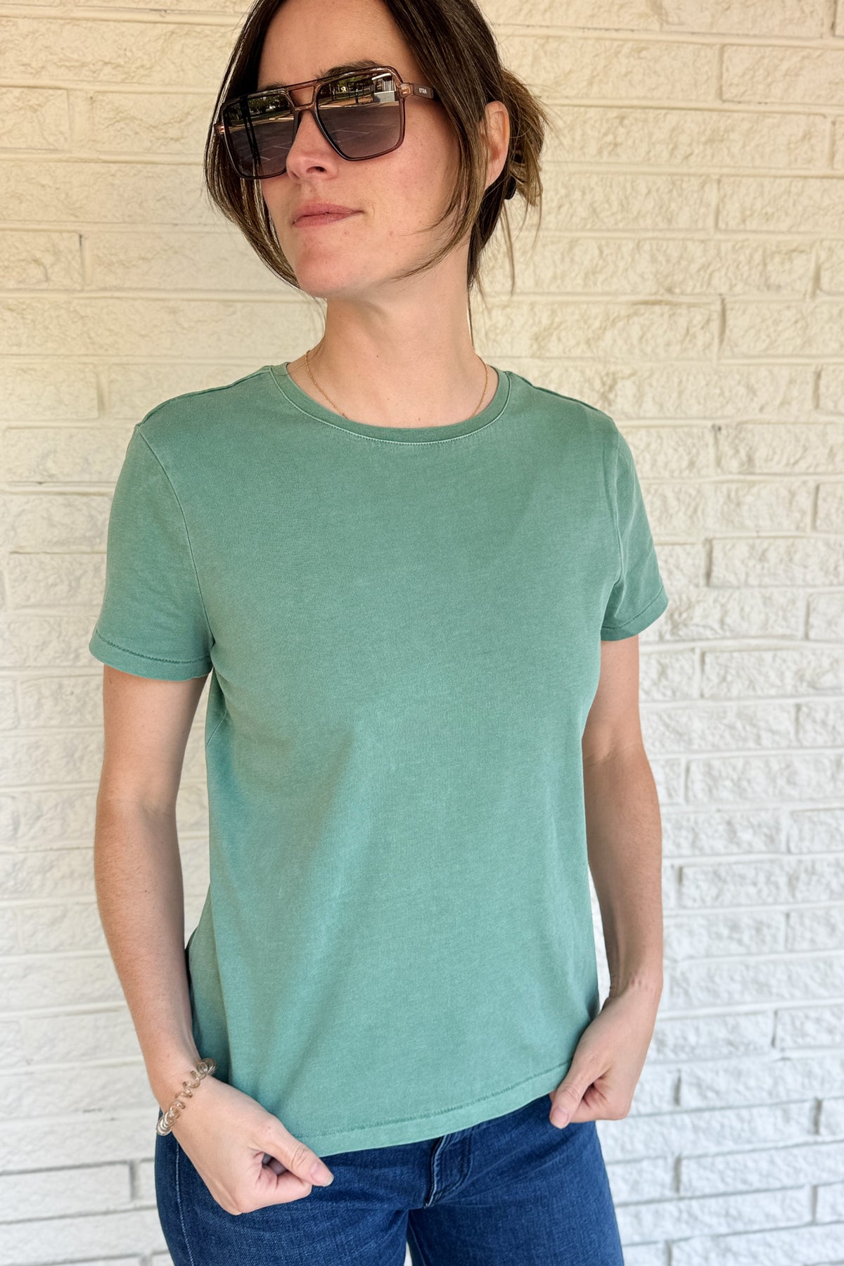 women’s clothing boutique Blanco TX, clothing store near me, women’s clothing near me, cotton tee women, mineral wash t shirt, green cotton tee, everyday women’s clothing, effortless style, casual cotton tops, ships from Texas