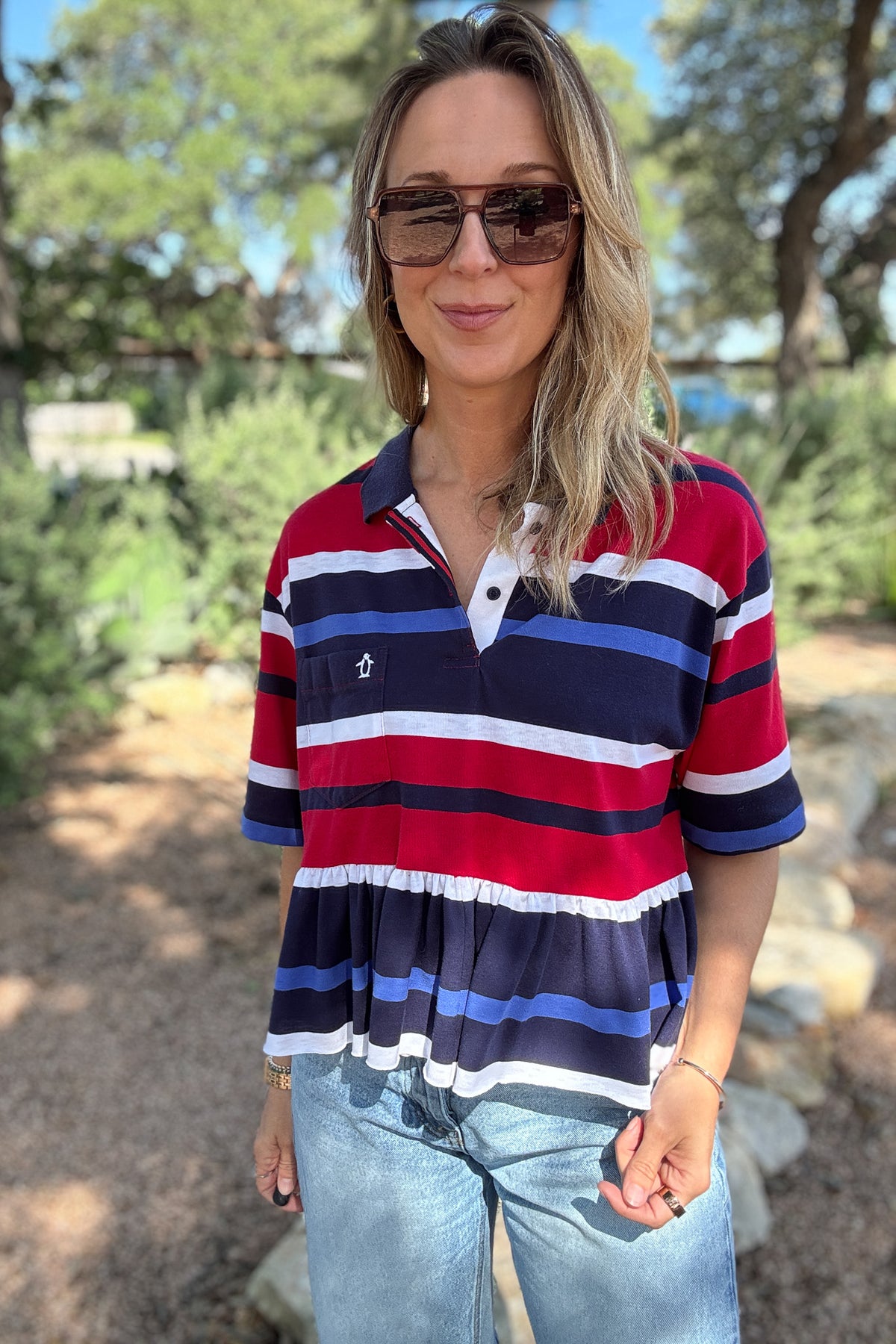   VonVie Bunny Polo, reworked polo shirt, upcycled women’s top, one of a kind women’s clothing, made in USA fashion, sustainable women’s fashion, reclaimed clothing, sporty feminine top, cropped polo top, ruffle hem top, effortless style, women’s clothing boutique, Cotton and Cashmere, Blanco Texas boutique, women’s clothing near me, ethical fashion, unique women’s tops, sustainable boutique clothing  