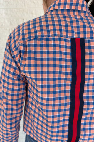An upcycled men’s shirt reworked into a cropped, raw hem, easy silhouette that feels fresh and relaxed. Soft, feminine, and one-of-a-kind. Designed to be a one size fits most when worn open, wear it buttoned up and it fits like small or medium.An upcycled men’s shirt reworked into a cropped, raw hem, easy silhouette that feels fresh and relaxed. Women's fashion boutique Blanco Texas Johnson City Texas