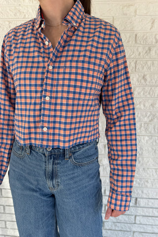 An upcycled men’s shirt reworked into a cropped, raw hem, easy silhouette that feels fresh and relaxed. Soft, feminine, and one-of-a-kind. Designed to be a one size fits most when worn open, wear it buttoned up and it fits like small or medium.An upcycled men’s shirt reworked into a cropped, raw hem, easy silhouette that feels fresh and relaxed. Women's fashion boutique Blanco Texas Johnson City Texas