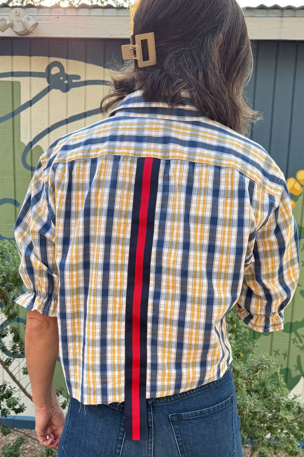Upcycled VonVie Stella plaid shirt featuring a relaxed collar, gathered short sleeves, and cropped silhouette.